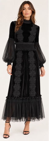 TOV Los Angeles Black Velvet Lace Maxi Dress Size 38 US 6 Small Witchy Victorian Photo 0