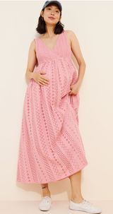 Maison Amory Maternity Sleeveless Eyelet Maxi Dress Pink Cotton Crocheted Sz S Photo 0