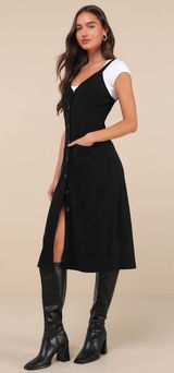 NWT Lulus Certainly the Sweetest Black Corduroy Button-Front Midi Dress Size S Photo 0