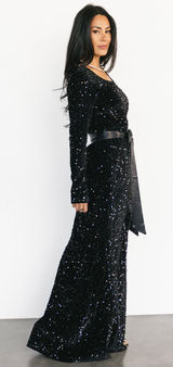 Baltic Born NWOT Julia Sequin Maxi‎ Dress Black Long Sleeve Side Slit L Photo 0