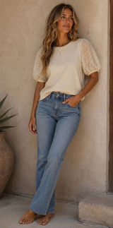 Maeve Anthropologie Cream Puff-Sleeve Knit Top Photo 0