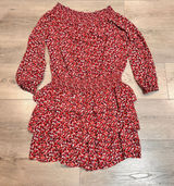 MICHAEL KORS Sangria Floral Smocked Ruffle‎ Off the Shoulder Dress Red Medium M Photo 0