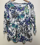 Hot Cotton Women Floral Zebra Print 3/4 Sleeve‎ Top White Purple Large Artsy Photo 0