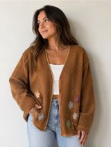 Floral Appliqué Open Front Cardigan Women’s XL Photo 0