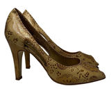 BCBGIRLS Tan Leather Pumps Glam Laser Cut Floral Peep Toe 6 Photo 0