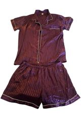 Sweet & Sinful Purple Striped Silk Pajama Top & Shorts Set Photo 0