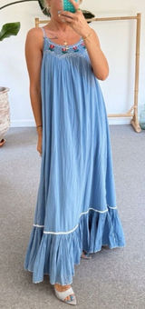 NEW Free People Tip Toeing Tulip Embroidered Gauze maxi Blue Dress sz M Photo 0