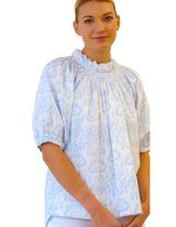 Toss Designs Cotton Puff Sleeve White/Blue Print Blouse Top One Size Photo 0