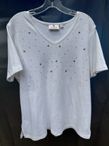 Women's V-Neck Quacker Factory SZ L White Embellished Star Rhinestones Gold Silv Photo 0