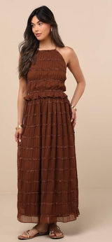 NWT Lulus Madriana Brown Halter Neck Ruffed Midi Dress Bohemian Summer Sz M Photo 0