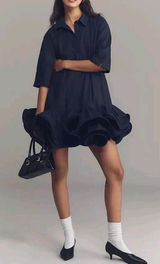 Anthropologie Maeve Short-Sleeve Collared 3D Ruffle Mini Shirt Dress Navy. XS Photo 0