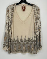 Free People Linen Blend Metallic Border Print Bell Sleeve Top Women S Cream Photo 0