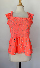 CeCe Neon Coral Floral Smocked Sleeveless Peplum Tank Top Photo 0