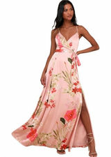 Lulus Faux Wrap XL Blush Pink Floral Satin Maxi Dress Romantic Wedding Guest Photo 0