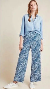 Maeve Navy and White Paisley Wide-Leg Pants Photo 0