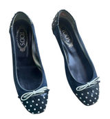 Tod’s Women’s 37.5 US 7.5 Blue Suede Ballet Flats Studded Patent Leather Bow Y2K Photo 0