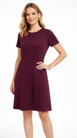 Ann Taylor Ponte Fit and Flare Dress 8 Burgundy Short Sleeve Professional Office Photo 0