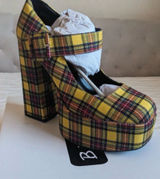 Bamboo Yellow Plaid Platform Mary Jane Chunky Block Heel Tartan Plaid Retro 90s Photo 0