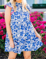 THML Anthropologie XL Blue White Floral Tiered Babydoll Dress Pink Pom Pom Trim Photo 0