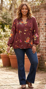 Old Navy Burgundy Floral V-Neck Peplum Blouse‎ Long Sleeve Top Photo 0