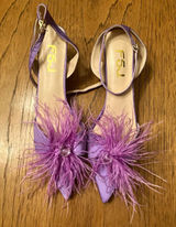 FSJ Purple Satin Pointed Toe Strappy Ankle Strap Feather Pumps Party US 7 Photo 0