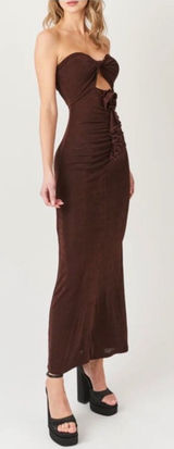 AmyLynn‎ Twist Front Rosette Maxi Dress Small Wedding Guest Romantic Chic Brown Photo 0