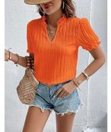 Orange Pleat Notch Neck Puff Sleeve Top - Women Photo 0