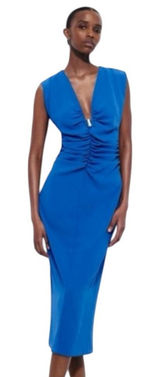 Zara Dress Women Medium Royal Blue Ruched V‎ Neck Sleeveless Midi NWT Party Photo 0