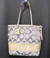 Coach 12428 Tan Signature Print Fabric Tan Patent Leather Trim Tote Bag Photo 0