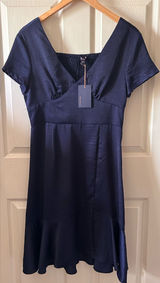 Skies are Blue Navy Satin Flutter Sleeve Midi Dress Sz Med Autumn Wedding Guest Photo 0