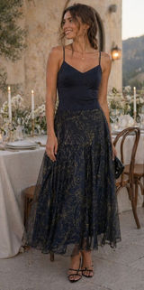 St. Gillian Navy Gold Embroidered Mesh Tiered Midi Skirt Size 6 Photo 0
