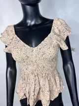 Japna Ruffled Sleeve Smocked Peplum Top, Beige and Black Polka Dot, Square Neck Photo 0
