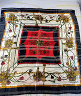 Vintage Equestrian Chain Print Square Scarf Red Black Gold‎ Tassel Sheer Stripe Photo 0