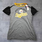 NFL Team Apparel Pittsburgh Steelers Women Medium Grey Black Ringer T-Shirt NWT Photo 0