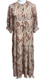 Polagram Maxi Dress Cream Paisley Tiered Boho‎ Peasant Cottage Modest Church M Photo 0
