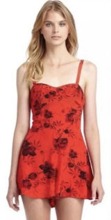 Free People 0 Red Black Floral Romper Mini Dress Y2K Coquette Cottagecore Photo 0