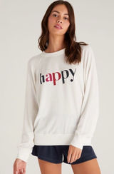 Red Dress Boutique Z Supply Happy Graphic Print Sweatshirt Ivory White Crew Neck Lightweight M Photo 0