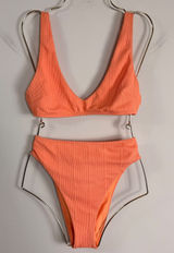 Aerie Orange Textured High Waisted Bikini Set V-Neck Bralette Top Small Medium Photo 0