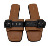 Anthropologie‎ Women Tan Black Leather Buckle Slide Sandals Square Toe Size 37 Photo 0