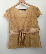 Apt. 9 Y2K Medium NEW Lace Blouse Victorian Satin Belt Tan Camel Dainty Romantic Sheer Photo 0