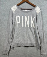 Victorias Secret Pink Logo Sweatshirt‎ With Lace Shoulders L Photo 0