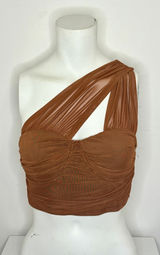 SheIn Brown One-Shoulder Ruched Mesh Crop Top | Asymmetrical Going Out Top Photo 0