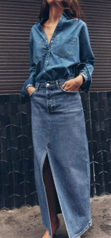 ZARA Denim High-Waist Blue Denim Maxi Skirt with Front Slit Jean Skirt Z1975 Size Med Photo 0