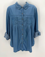Style & Co Shirt Women's PL Petite Large Blue Pleated Roll Tab Sleeve Flowy Top Photo 0