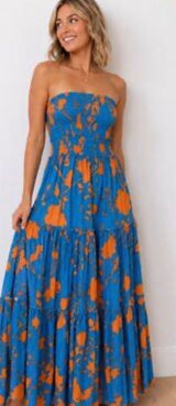 Anthropologie Adel The Label XS Blue Orange Floral Smocked Strapless Maxi Dress Photo 0