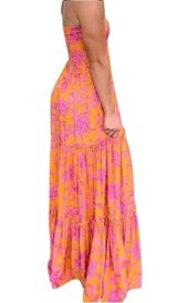 Abel The Label Bondi Dress Maxi Strapless Smocked Tiered Orange Pink M Photo 0