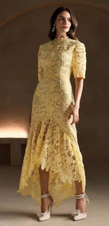 Anewsta NWT Yellow Floral Lace Short Sleeve Mermaid Maxi Dress Small Photo 0