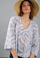 Anthropologie Blue White Ikat Cotton V-Neck Blouse XL Boho 3/4 Sleeve‎ Top Photo 0