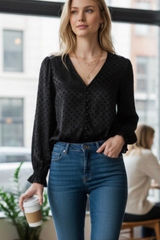 Madewell Smocked Sleeve V-Neck Woven Dot Blouse Women's 00 Black Minimalist Chic Photo 0
