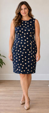 ANNE KLEIN Polka Dot Sheath Dress Womens 12 Navy Blue Tan Sleeveless Pockets Photo 0
